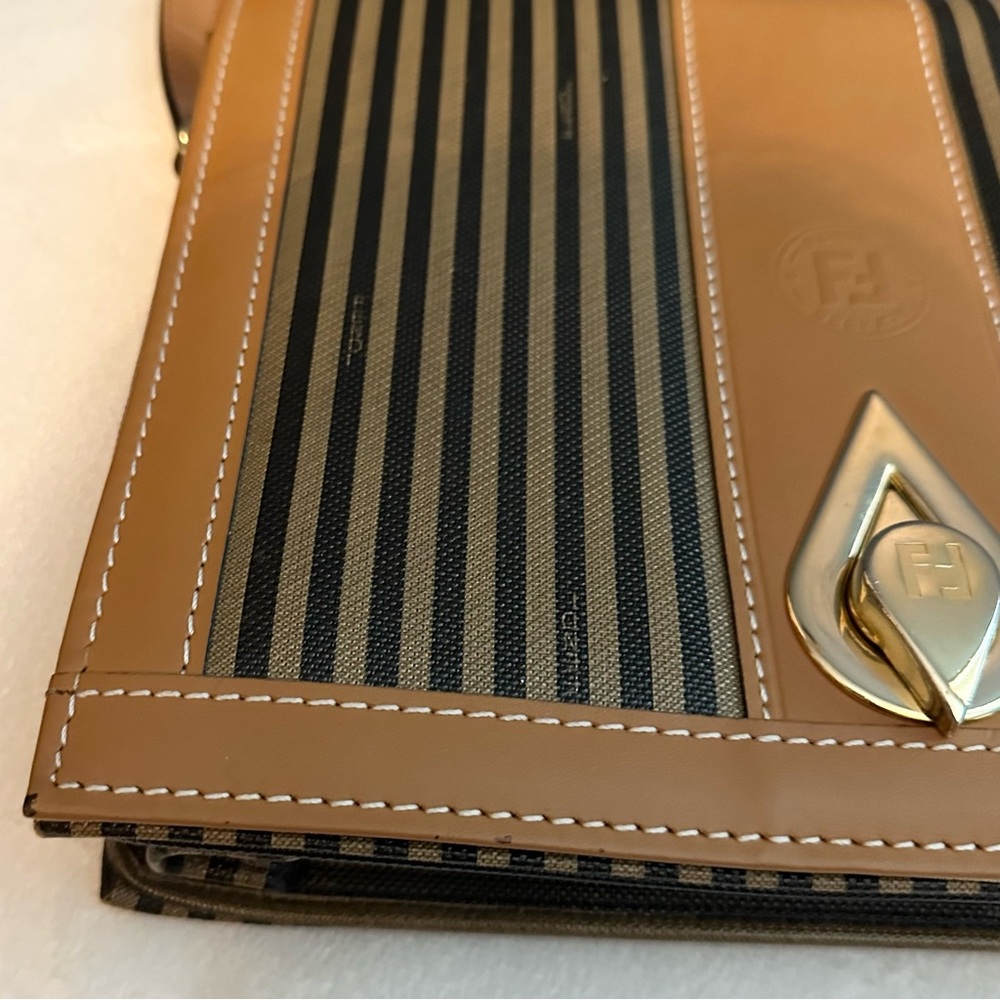Vintage Fendi Pequin Stripe Flap Crossbody/ Shoulder Bag Purse tan black EUC - Picture 5 of 16